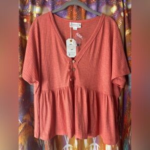 Coral Ribbed V-Neck Babydoll Top 🧡 NWT✨